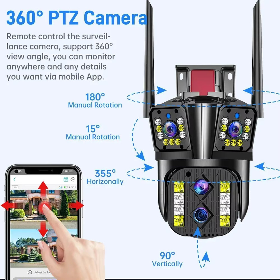 DiFang Outdoor WIFI IP Kamera 16MP 8K HD mit 10X optischem Zoom, PTZ Überwachungskamera mit automatischem Tracking und Vier-Objektiv-Drei-Bildschirm-System, Schwarz - Bild 3