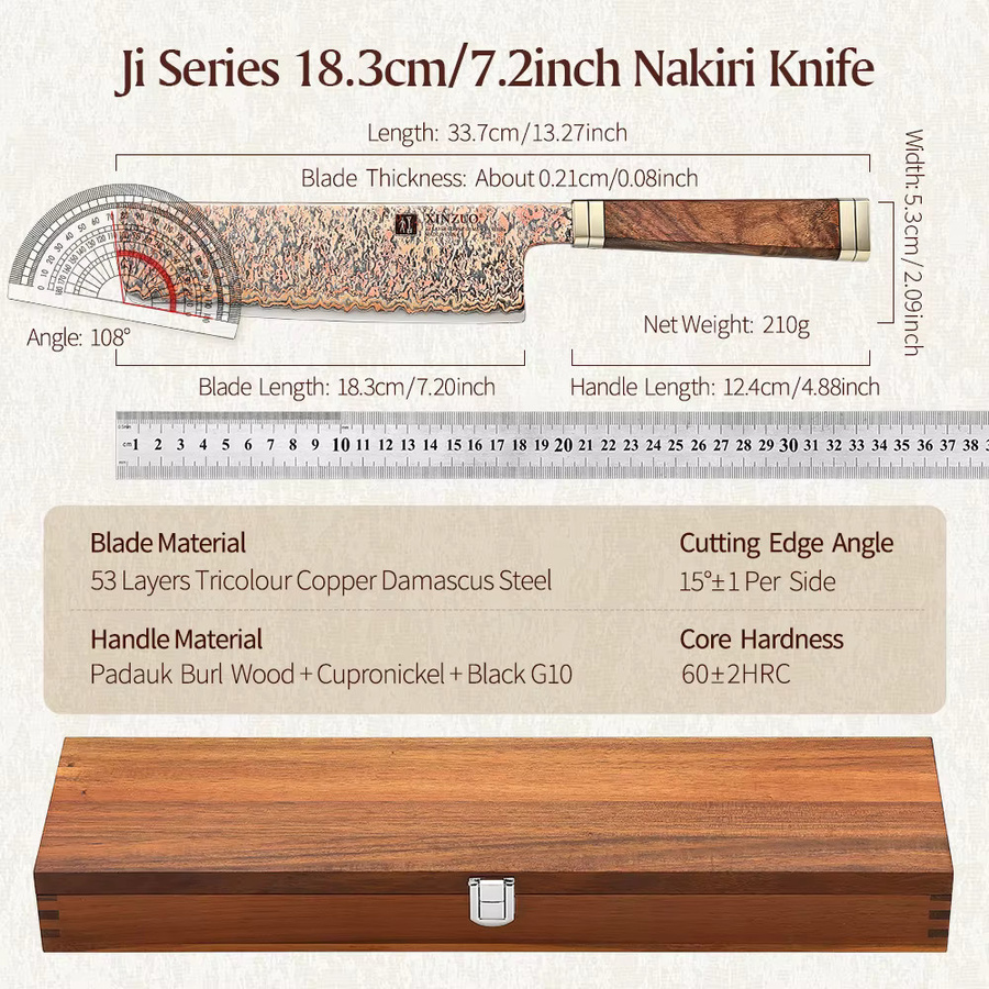 XINZUO Nakiri Messer aus Damaststahl mit Padauk Burl und G10 Griff, 7,2 Zoll, Schwarz/Mehrfarbig - Bild 2