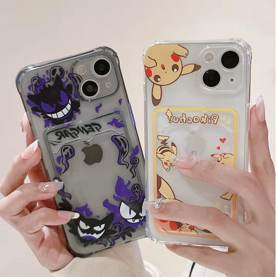 Stoßfeste Handyhülle mit Gengar und Pikachu Motiv für iPhone 11 bis iPhone 16 Pro Max Plus inklusive Kartenfach - Bild 2