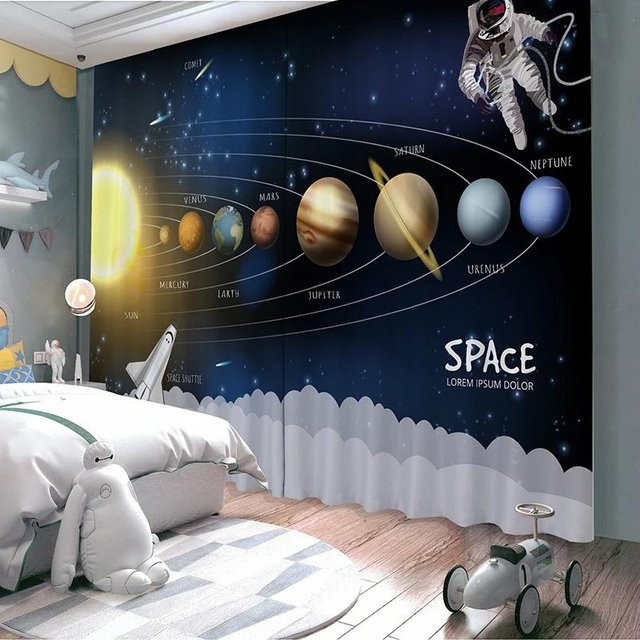 Yiran Furniture Verdunkelungsvorhang für Kinderzimmer mit Astronauten-Motiv, Blau, 2er-Set, Breite: 55 cm, Höhe: 120 cm - Bild 1