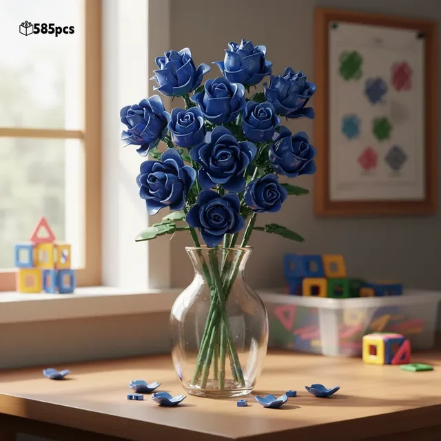 Yaafun Blumenstrauß aus Bausteinen mit blauen und gelben Rosen als Dekoration - Bild 1
