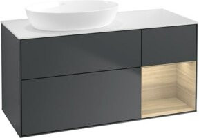 V&B Waschtischunterschrank Finion mit Wandbeleuchtung und offenen Regalfächern in Eiche lackiert, Breite: 120 cm - Bild 1