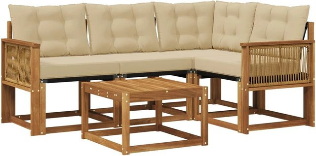 vidaXL Outdoor-Sofagarnitur in L-Form aus Akazienholz mit Textilene und 5 Kissen in Natur und Beige - Bild 1