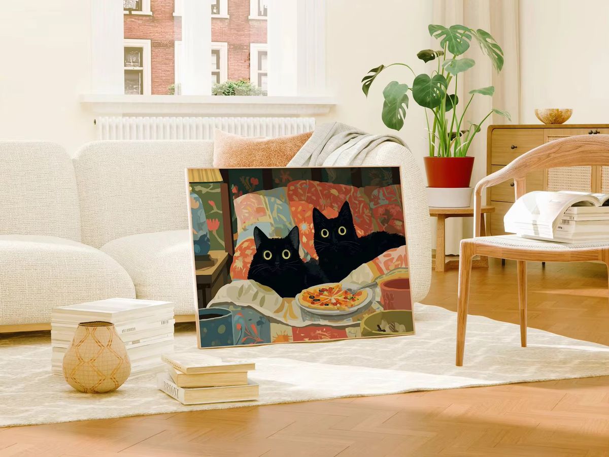 SHENCHEN Wanddekoration Cottagecore Katzenkunstdruck mit zwei schwarzen Katzen und Blumenmuster im Retro-Stil - Bild 2