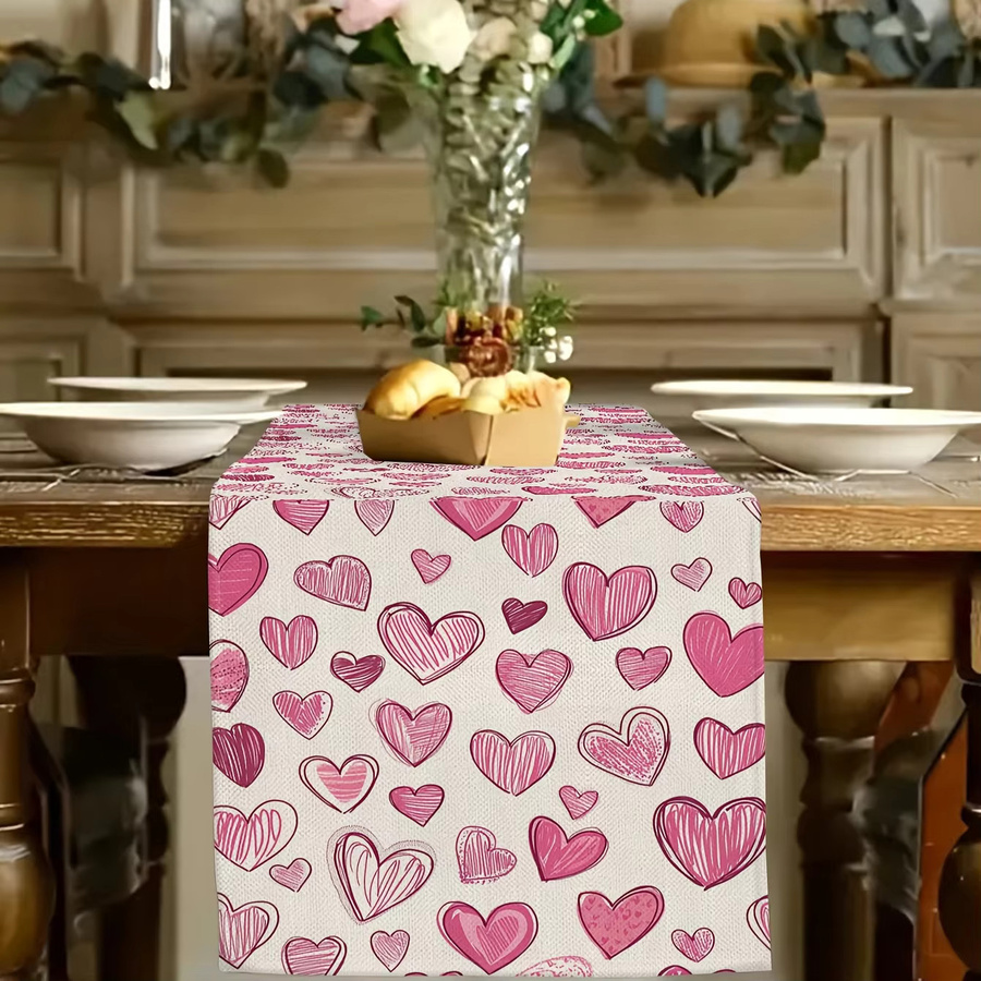 Valentinstag Tischläufer aus Leinen in Rosa und Weiß mit Winter-Herz-Motiv, Länge: 93 cm - Bild 3