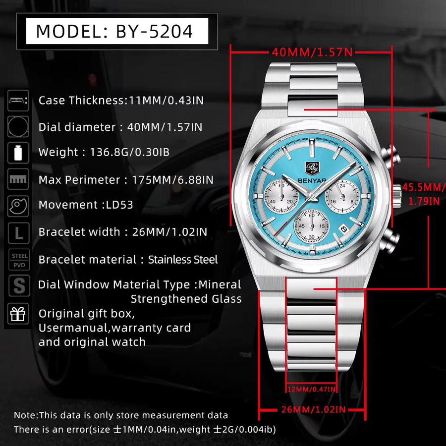 BENYAR Chronograph Armbanduhr, Quarz, Edelstahl, Blau, Herren - Bild 6