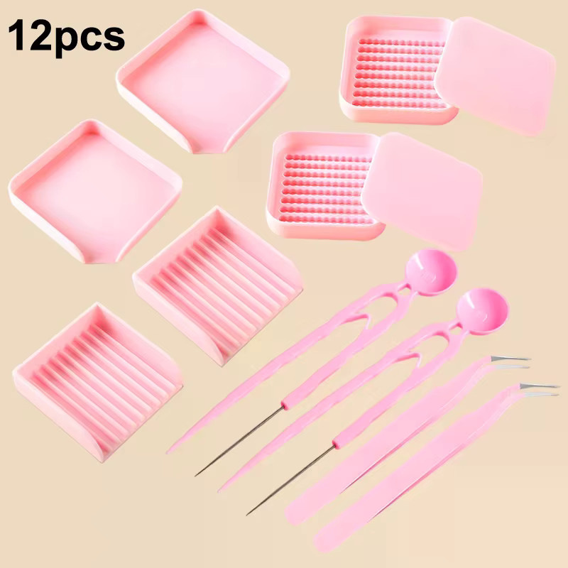 Velishy 12-teiliges DIY-Werkzeugset für Hama-Perlen in Pink mit Pinzetten, Nadel, Schaufel und Platte - Bild 1