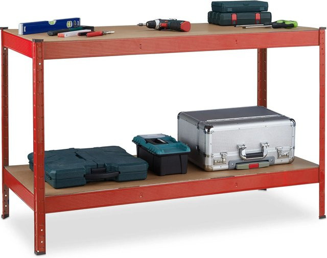 Relaxdays Werkbank mit 2 Ebenen aus Stahl und MDF in Rot und Natur, B/T/H: 141 x 91 x 61 cm - Bild 1