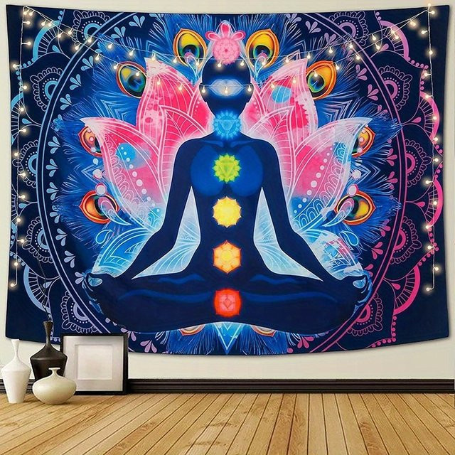 VIKAMA Sieben Chakren Meditation Wandteppich mit Mandala Design in Multicolour, Boho Wanddekoration für Yoga und Wohnzimmer, B/H: 60 x 40 cm - Bild 1