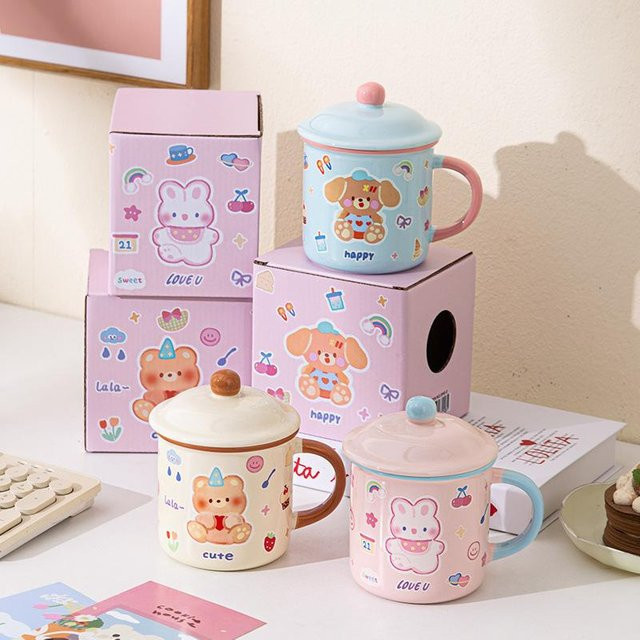 Keramiktasse mit Cartoon-Bär und Deckel von Yiran Furniture, grau, 400 ml - Bild 1