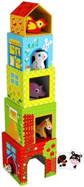 Tooky Toy Holz-Stapelpyramide mit Bauernhoftieren, 10-teiliges Set, bunt - Bild 1
