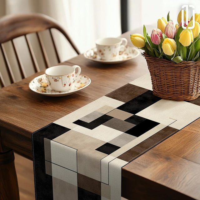 JINGYUE Pet Tischläufer mit geometrischem quadratischem Muster in Grau, B/H: 40 x 140 cm - Bild 1