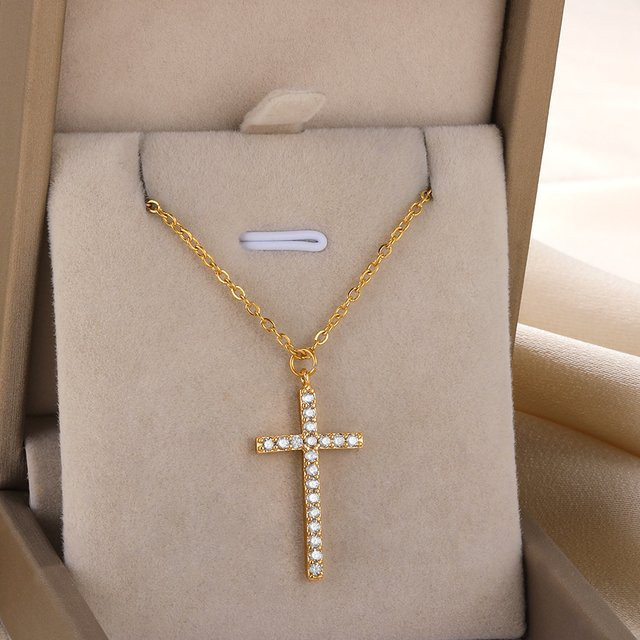 ETCAVCE Halskette mit Kreuz Anhänger, Edelstahl, Zirkonia, Gold, Unisex - Bild 1