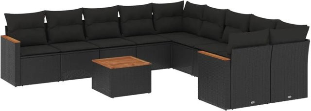 vidaXL 11-tlg Garten-Sofagarnitur aus Poly-Rattan und Akazienholz in Schwarz mit Kissen Modell 99 - Bild 1