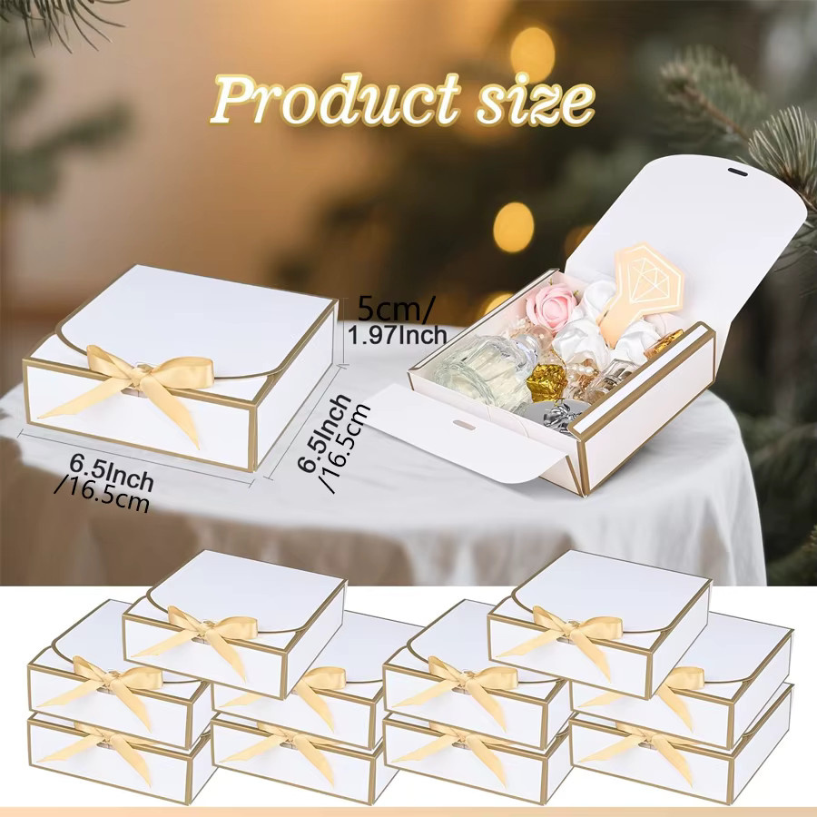 20 Stück elegante Geschenkboxen mit Deckel in Weiß mit Goldbesatz und goldenem Band, B/H/T: 16,5 x 16,5 x 5,1 cm - Bild 2