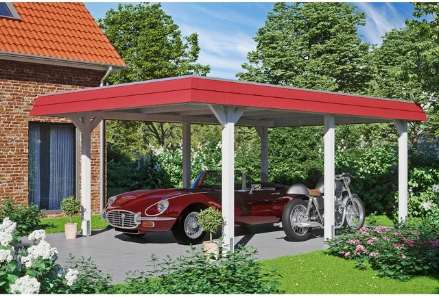 Skan Holz Carport Wendland aus Fichte in Weiß mit Aluminium-Dach und Blende Rot, B: 628 cm, T: 409 cm - Bild 1