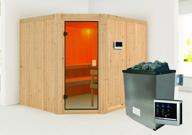 Karibu Sauna Horna aus Fichte und Espe mit 9 kW Elektroofen, externem Steuergerät und bronzierter Glastür, Farbe: Braun, B/T/H: 231 x 196 x 198 cm - Bild 1