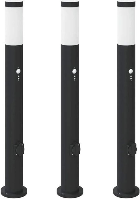 vidaXL Pollerleuchten 3er Set mit Bewegungssensor und Steckdose, Edelstahl und Schwarz, Höhe: 80 cm, IP44 - Bild 1