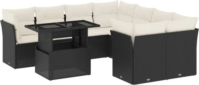 vidaXL 9-teilige Garten-Sofagarnitur aus Polyrattan in Schwarz mit Kissen und L-Form - Bild 1