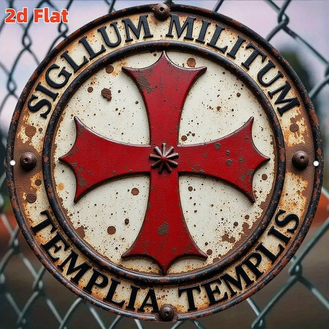 Hello Young Templerorden Mittelalterliches Emblem Metallschild Sigillum Militum Templarii in Rot, runde Aluminium-Wanddekoration im Vintage-Stil, Durchmesser: 20 cm - Bild 1