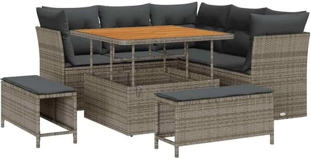 vidaXL Garten-Sofa-Set 8-tlg in Grau mit Kissen, Ottomane und Couchtisch, L-Form mit integriertem Stauraum und UV-beständigem Polstergestell - Bild 1
