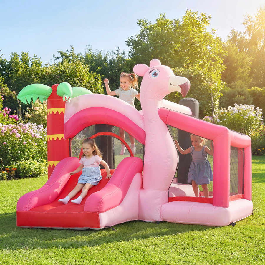 Aosom Hüpfburg für Kinder, mit Gebläse, Rutsche, Trampolin, Bällebad, Basketballkorb, Flamingo-Design, Innen und Außen - Bild 2