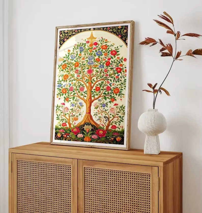 Potdemiel Indischer Vintage-Lotusblüten Baum des Lebens Wandkunstdruck als minimalistisches Leinwandgemälde im Portraitformat - Bild 3