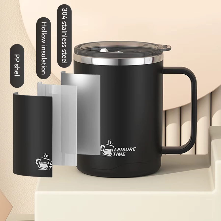 WORTHBUY Isolierte Kaffeetasse aus Edelstahl 304 mit Griff und Deckel, Doppelwandiger Wasserbecher in Schwarz oder Weiß - Bild 3