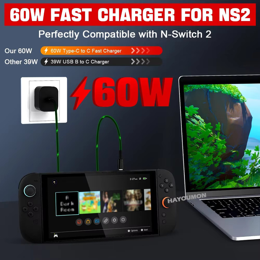 Pogopirate 60 W AC Adapter mit USB-C Typ C Schnellladegerät für Nintendo Switch, Schwarz - Bild 2