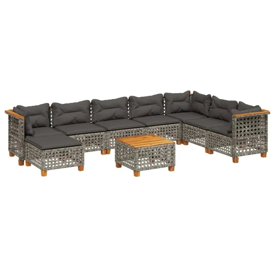 vidaXL 9-tlg Garten-Sofagarnitur aus Poly Rattan und Akazienholz in Grau mit Kissen Modell 137 - Bild 2