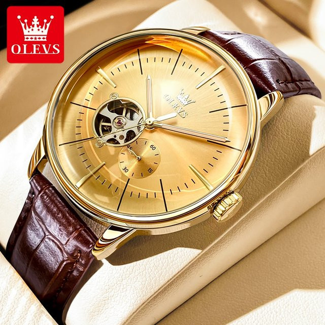 OLEVS Armbanduhr Automatik, Leder, Gold, Herren - Bild 1
