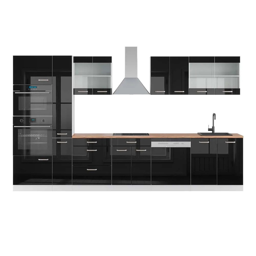 Vicco R-Line Küchenzeile Schwarz Hochglanz und Weiß mit Hochschrank in Eiche Optik, Breite: 350 cm - Bild 2