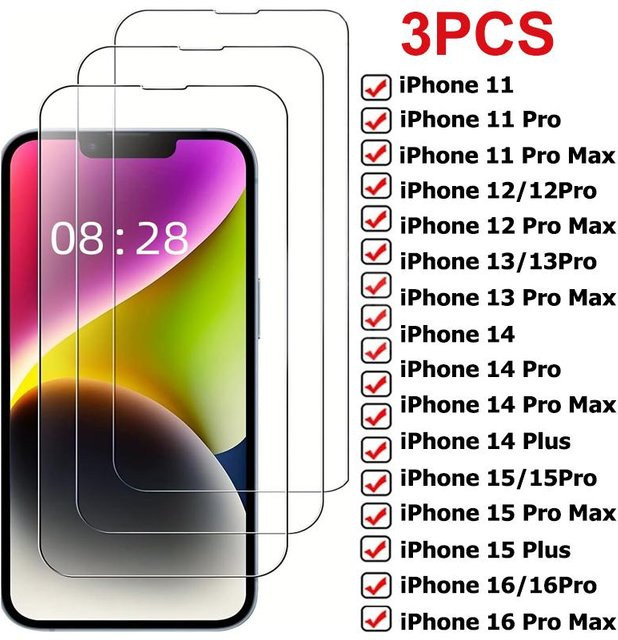Caihonghong 3er-Set Displayschutzfolie aus gehärtetem Glas für iPhone 11 bis iPhone 16 Pro Max und Plus, transparent - Bild 1