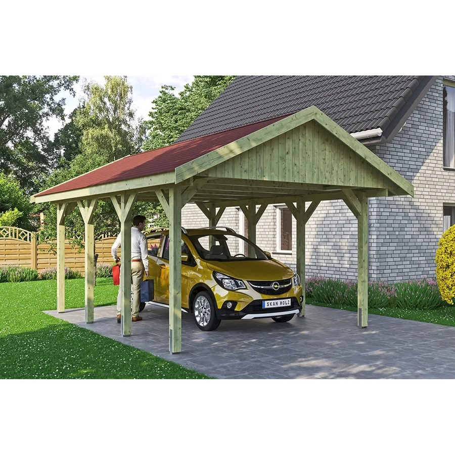 SKANHOLZ Carport Wallgau in Grün mit roten Schindeln, B/T: 430 x 600 cm, Firsthöhe: 326 cm - Bild 2