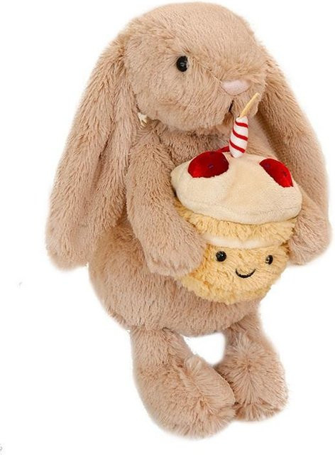 Weiches Plüschtier Hase mit langen Ohren und Geburtstagskuchen, Stoffhase Puppe, 20cm, ab 14 Jahren - Bild 1