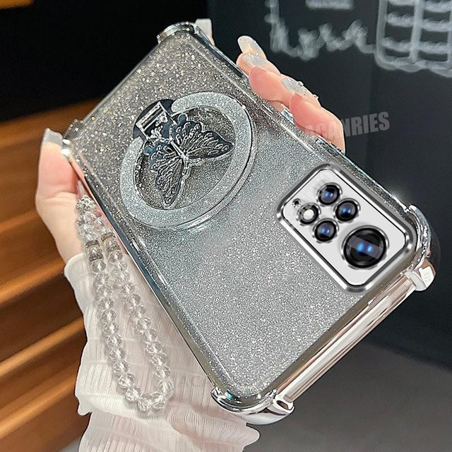 Xiaomi Redmi Note 11s Pro 4G 5G Silikon Schutzhülle mit Schmetterling Lanyard und Ständer in Transparent und Silber - Bild 1