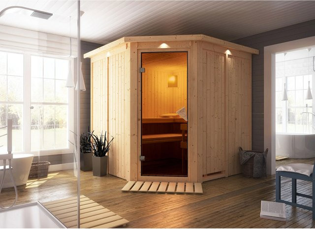 Karibu Sauna Jorma aus Fichte mit 9,0 kW Ofen, integrierter Steuerung, LED-Dachkranz und Ganzglastür in Bronze, B/T/H: 210 x 210 x 202 cm - Bild 2
