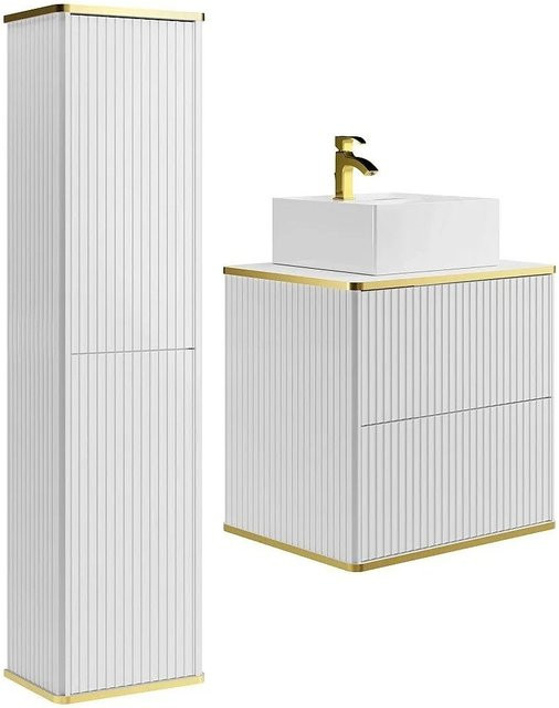 Vente-unique Badmöbel-Set Keliza in Weiß im Art-Déco-Stil mit Aufsatzwaschbecken und Hochschrank, Breite: 60 cm, Tiefe: 47 cm, Höhe: 54 cm - Bild 1