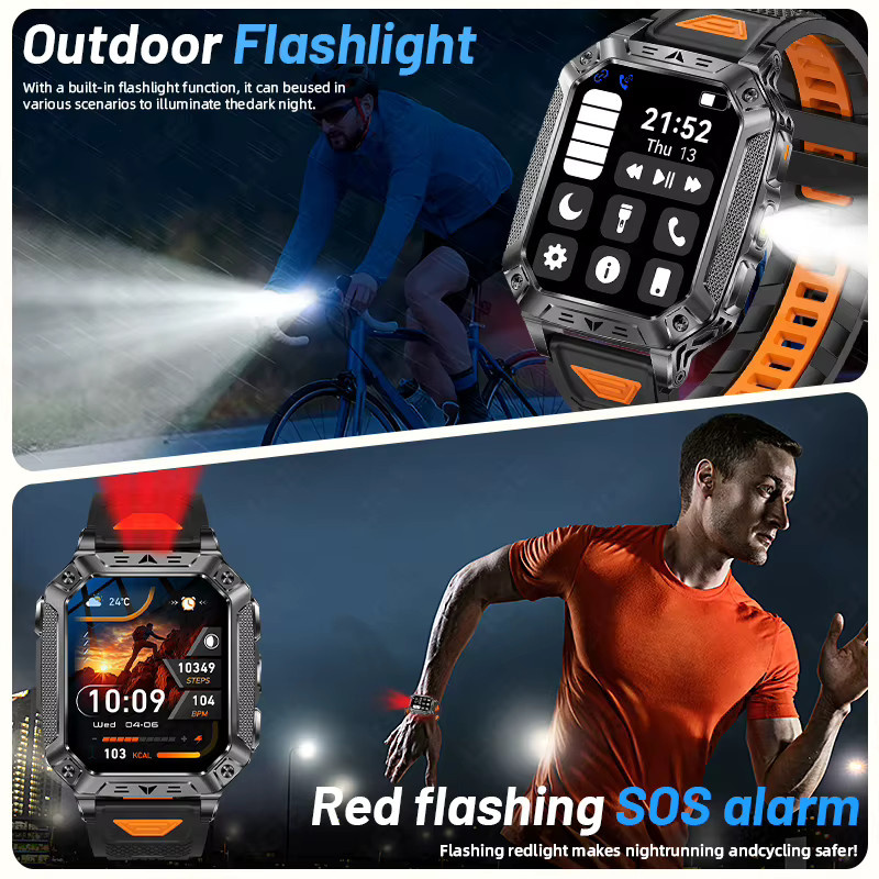 LIGE 2026 Outdoor Militär-Smartwatch für Männer in Schwarz-Orange mit 1400mAh Akku, 5ATM wasserdicht, LED-Taschenlampe, SOS-Rotlicht und Anruffunktion - Bild 3