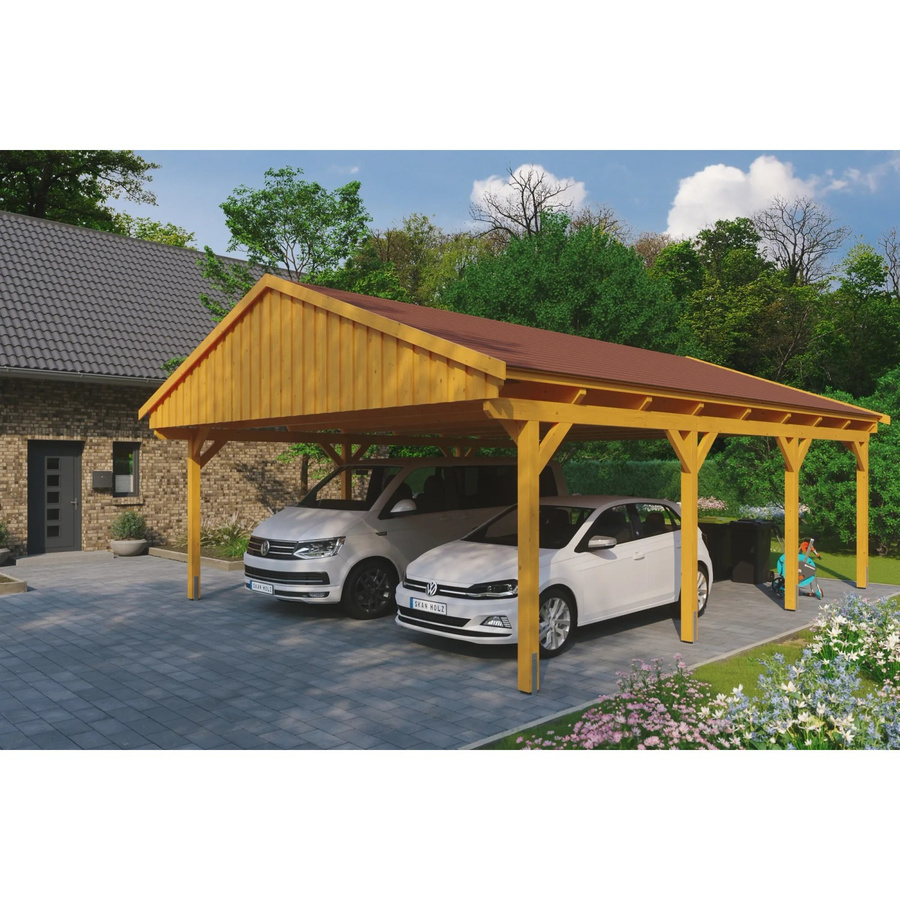 Skan Holz Carport Fichtelberg aus Fichte und Leimholz mit spitzer Dachform, Farbe: beige/nussbaum, B/T: 618 x 808 cm, Höhe: 362 cm - Bild 2