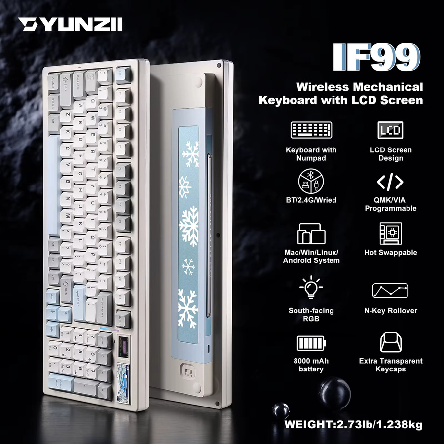 YUNZII IF99 Mechanische Gaming-Tastatur in Weiß mit intelligentem LCD-Display, kabellos via Bluetooth oder Wi-Fi, QMK/VIA Custom Gasket Hot Swap RGB 96 % Layout - Bild 2