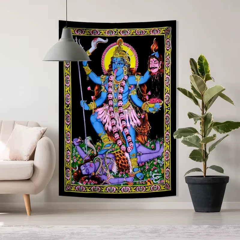 VIKAMA Wandteppich Maa Kali Lächelnde Göttin Boho Wandbehang Stoffkunst Multicolour Breite: 91,44 cm, Höhe: 152,4 cm - Bild 1