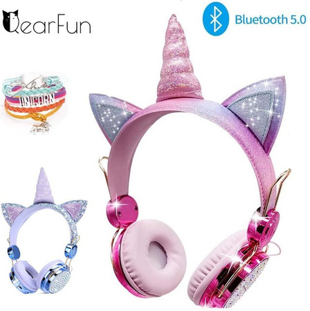 QearFun Bluetooth Einhorn-Kopfhörer für Kinder in Pink mit Mikrofon und Stereo-Sound