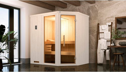 Weka Elementsauna Varberg Trend 1 Sparset in Weiß mit 7,5 kW Ofen, Glasfenster und Glastür aus Fichte, B/T/H: 194 x 144 x 199 cm - Bild 1