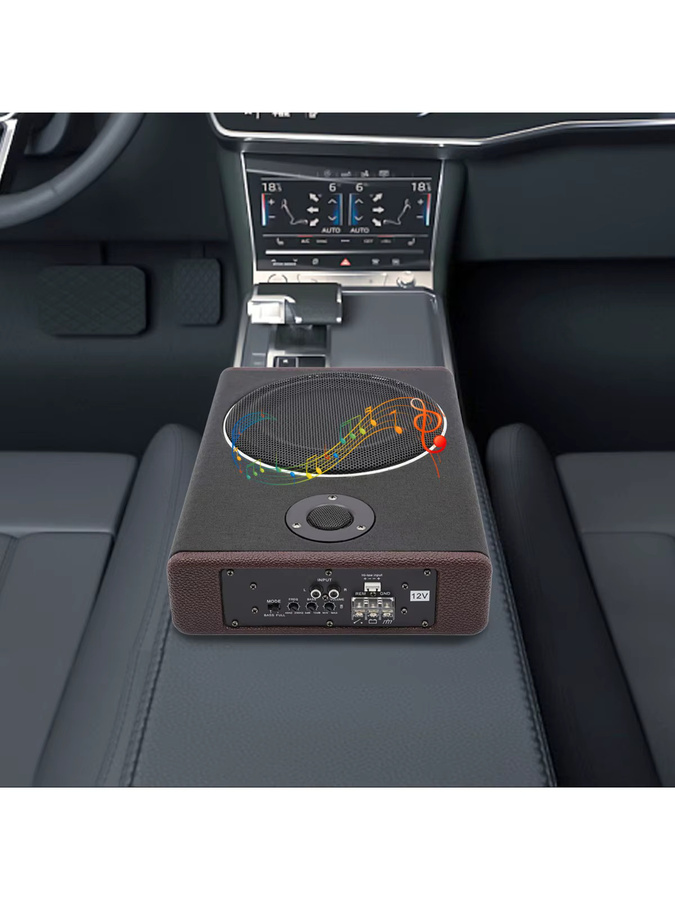 Aktiver Subwoofer mit 600 W Leistung und Bluetooth für dein Auto-Stereo-Audiosystem aus Holz und Edelstahl in Braun und Silber - Bild 4