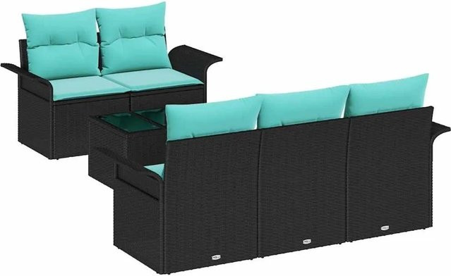 vidaXL Gartensofa-Set aus Poly-Rattan mit Tisch und 6 Kissen in Schwarz und Türkis - Bild 1