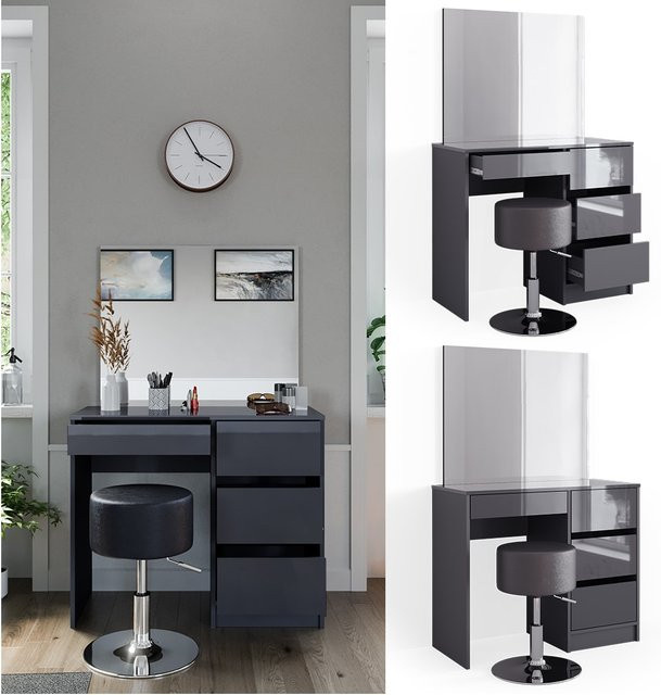 Vicco Schminktisch Sherry Set Anthrazit Hochglanz mit Spiegel und Hocker modern B/T/H: 90 x 40,13 x 75 cm - Bild 1