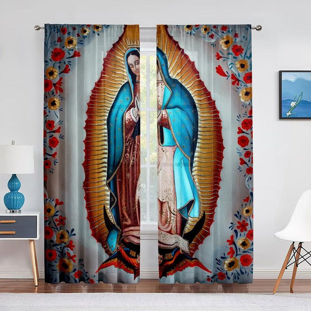 Yiran Furniture Transparente Voile Vorhänge mit Guadalupe Motiv und floralem Design, 2er-Set aus Chiffon-Tüll, B: 65 cm, H: 60 cm - Bild 1