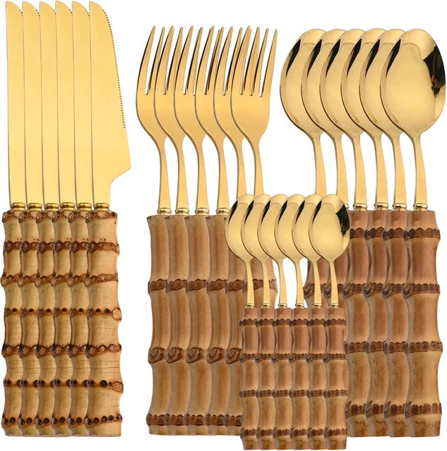 JANKNG 24-teiliges Besteckset aus Edelstahl mit Bambusgriffen in Silber und Braun, bestehend aus Gabeln und Löffeln im Vintage-Design - Bild 1