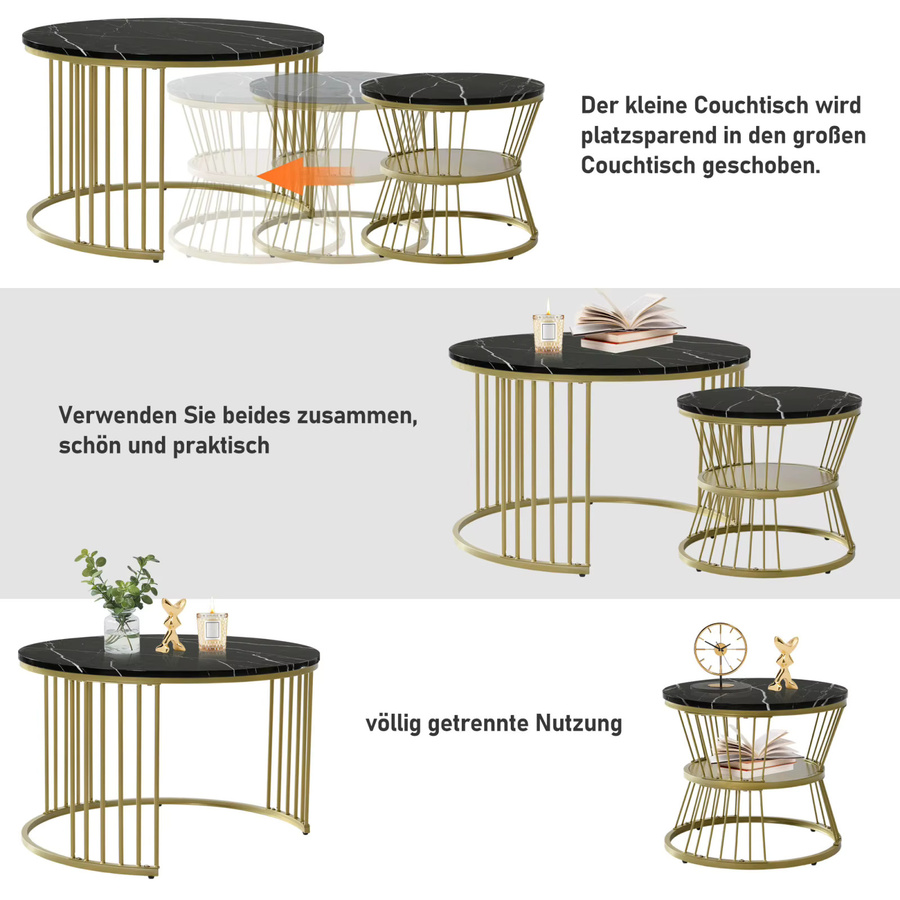 Creahappy Couchtisch-Set Schwarz Modern mit runden Marmor-Tischplatten und glänzendem Finish - Bild 3